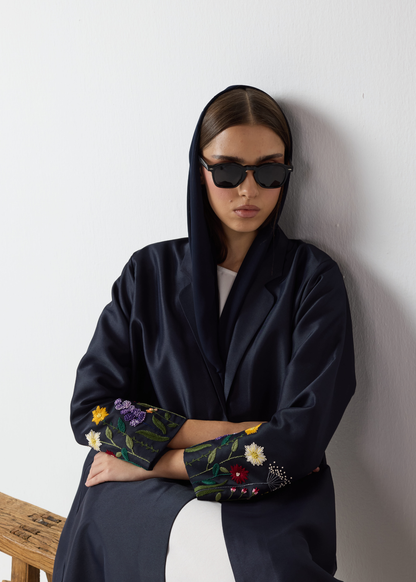 Embroidered Sleeve Abaya - Navy Blue