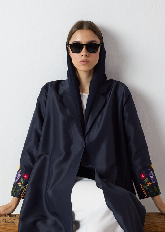 Embroidered Sleeve Abaya - Navy Blue