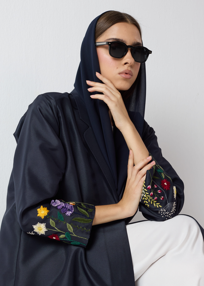 Embroidered Sleeve Abaya - Navy Blue