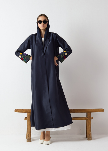 Embroidered Sleeve Abaya - Navy Blue