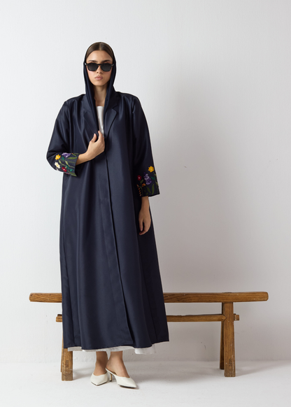 Embroidered Sleeve Abaya - Navy Blue